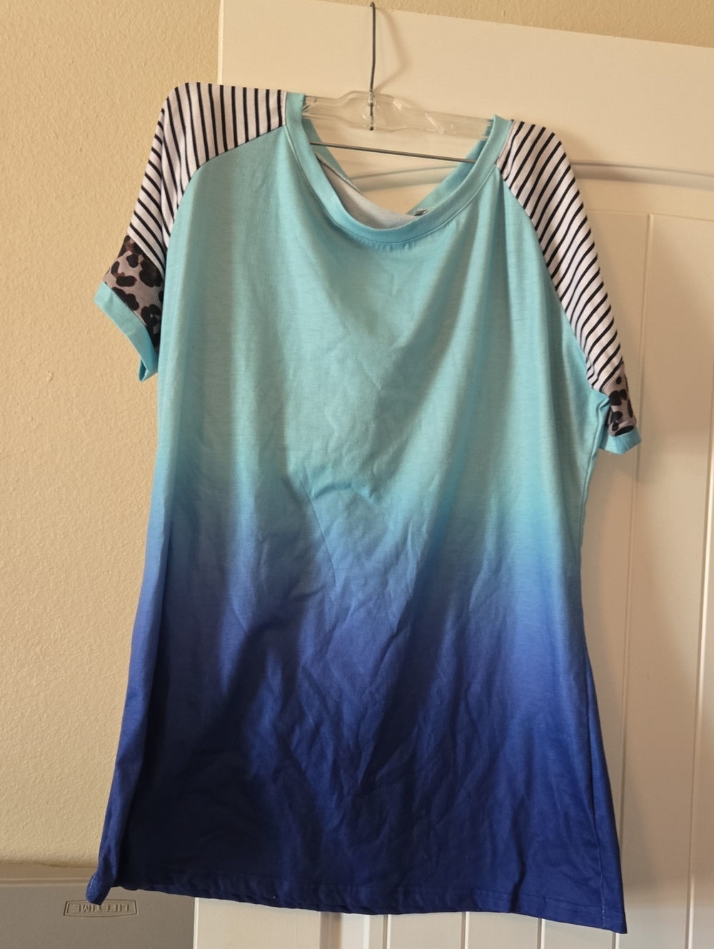 Ombre Blue Gradient Raglan Tee with Striped & Leopard Sleeves